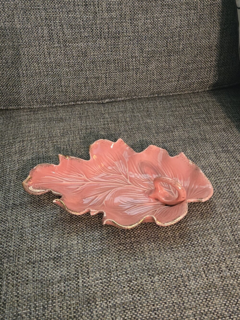 Vintage California Pottery Coral Leaf Shaped Decorative Dish with Gold Trim